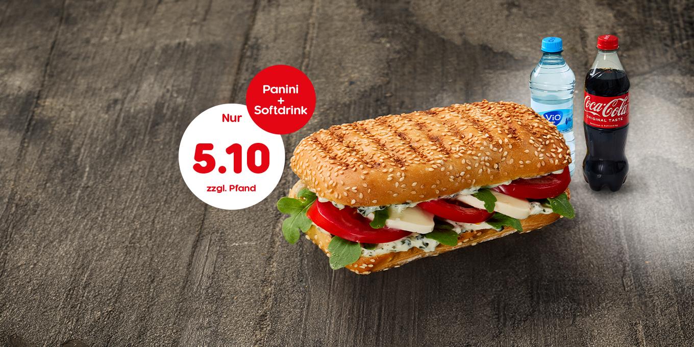 Grafik, die über das neue Panini-Bundle-Angebot: Panini mit Softgetränk für 5,10 € informiert. 